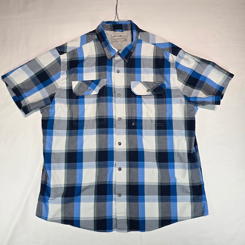 Eddie Bauer Mens 2XL Blue Plaid Short Sleeve Button Down Shirt Mesh Yoke 0089